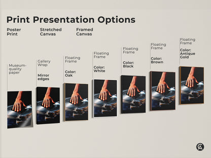 Explore print presentation options for music wall art. Choose from poster prints stretched canvases or framed canvases. Each option features artwork of a hand on a DJ turntable. Floating frames are available in multiple colors. The industrial loft decor has a retro DJ style and vibe.