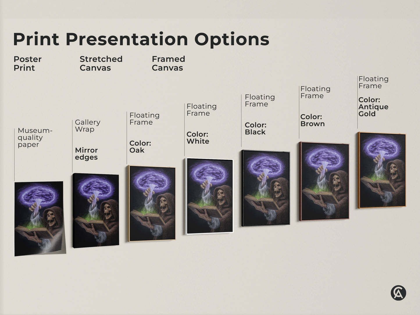 Print options include a poster print and stretched canvas. Framed canvas options in black white oak brown and antique gold offer museum quality edges or mirror edges. Each features dark fantasy artwork with a Grim Reaper spellbook and purple green magic. Perfect for gothic or eclectic decor.