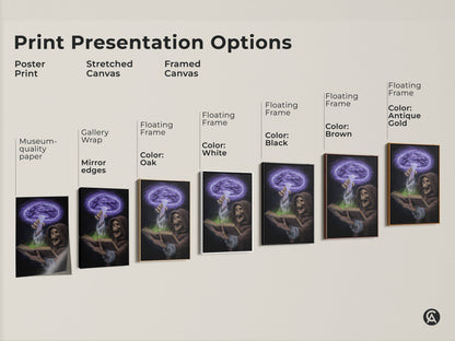 Print options include a poster print and stretched canvas. Framed canvas options in black white oak brown and antique gold offer museum quality edges or mirror edges. Each features dark fantasy artwork with a Grim Reaper spellbook and purple green magic. Perfect for gothic or eclectic decor.