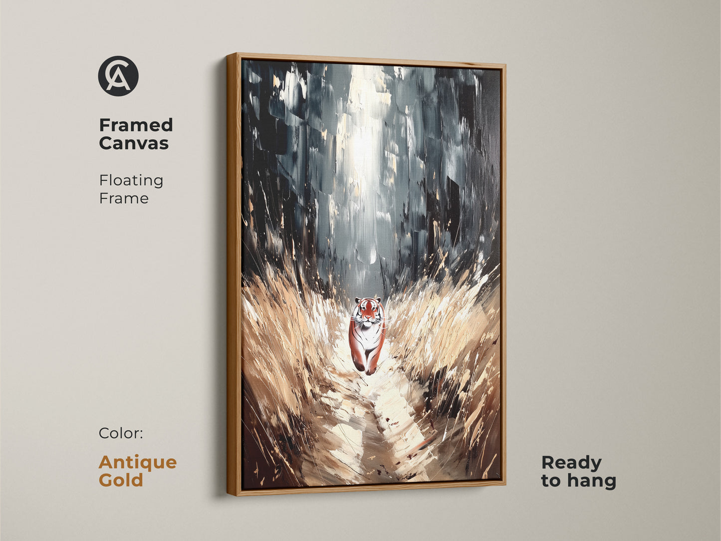 Framed Canvas of Tiger Forest Canvas Art. Antique Gold floating frame color on wildlife wall decor. Nature wildlife artwork and a big cat wall decor ready to hang.