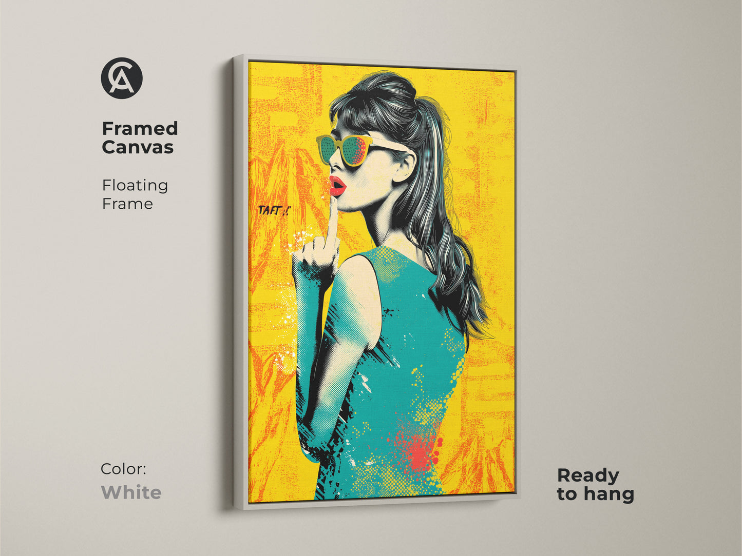 Framed canvas of a pop art woman. It features a white floating frame and is ready to hang. This retro style home decor includes a fashion wall hanging. The yellow orange and teal print adds a unique touch. This canvas artwork is perfect for eclectic interiors.