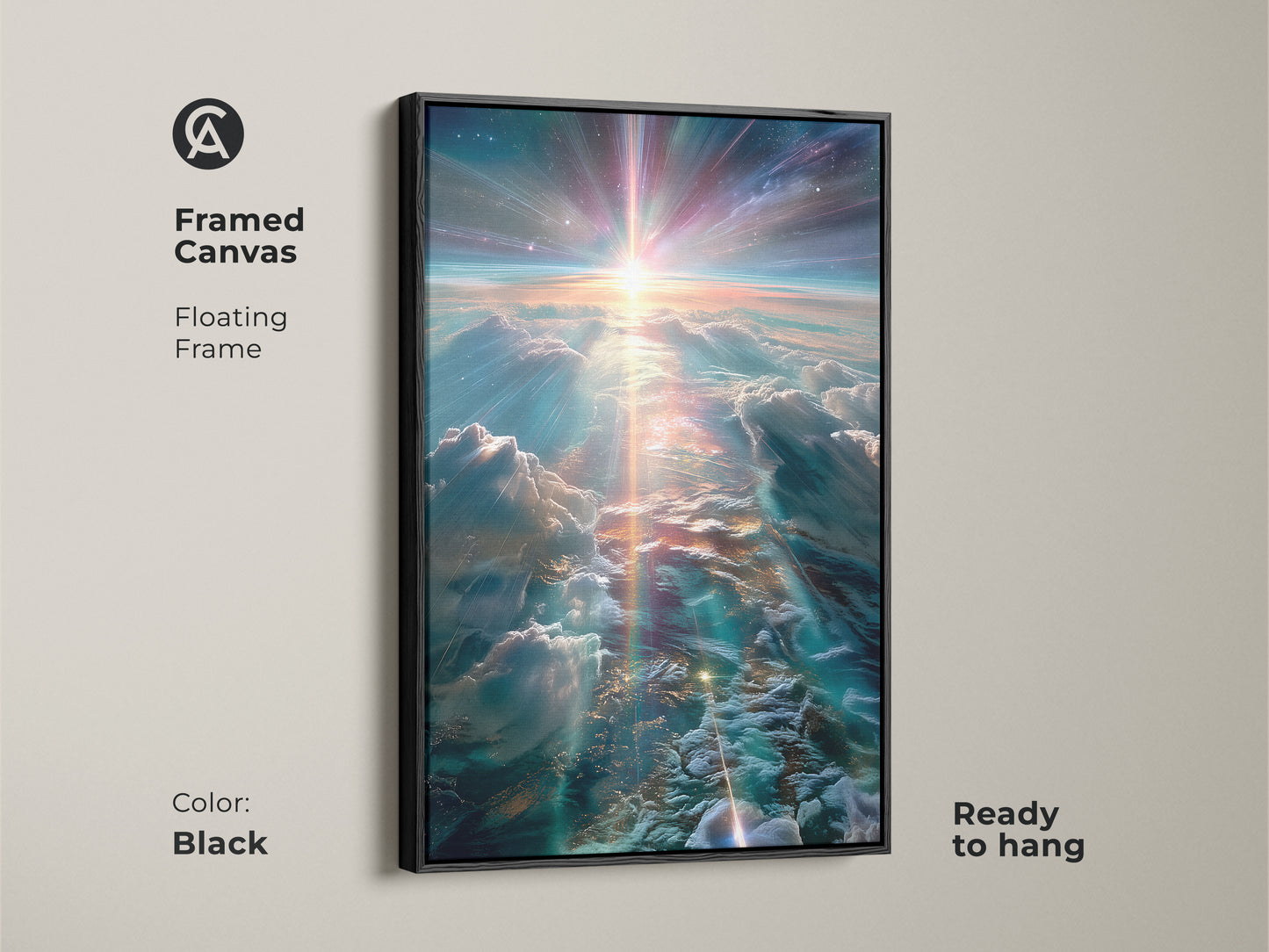 Framed canvas art showcasing a cosmic sky and clouds. The floating frame adds depth to the artwork. This ready-to-hang piece brings a celestial vibe to your walls. The black frame enhances the colors.
