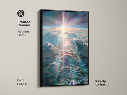 Framed canvas art showcasing a cosmic sky and clouds. The floating frame adds depth to the artwork. This ready-to-hang piece brings a celestial vibe to your walls. The black frame enhances the colors.