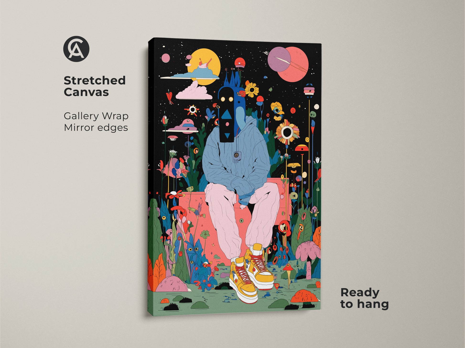 Stretched canvas art. This artwork shows a figure in a surreal setting. The gallery wrap gives a polished look. It comes with mirror edges. It is ready to hang. Add to your cart!