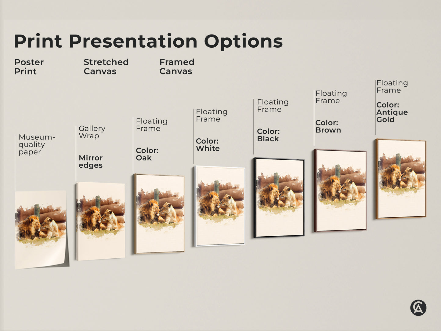 Explore print presentation options for our watercolor lion and lioness canvas art. Choose from poster prints stretched canvas or framed canvas. Each option highlights the gold brown tones and artistic wildlife painting.