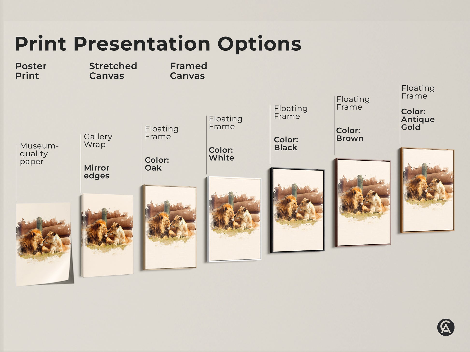 Explore print presentation options for our watercolor lion and lioness canvas art. Choose from poster prints stretched canvas or framed canvas. Each option highlights the gold brown tones and artistic wildlife painting.