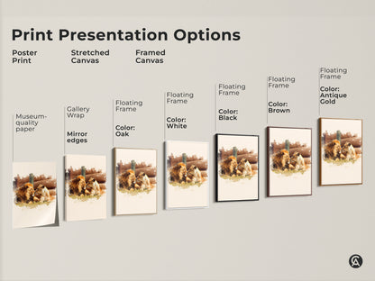 Explore print presentation options for our watercolor lion and lioness canvas art. Choose from poster prints stretched canvas or framed canvas. Each option highlights the gold brown tones and artistic wildlife painting.