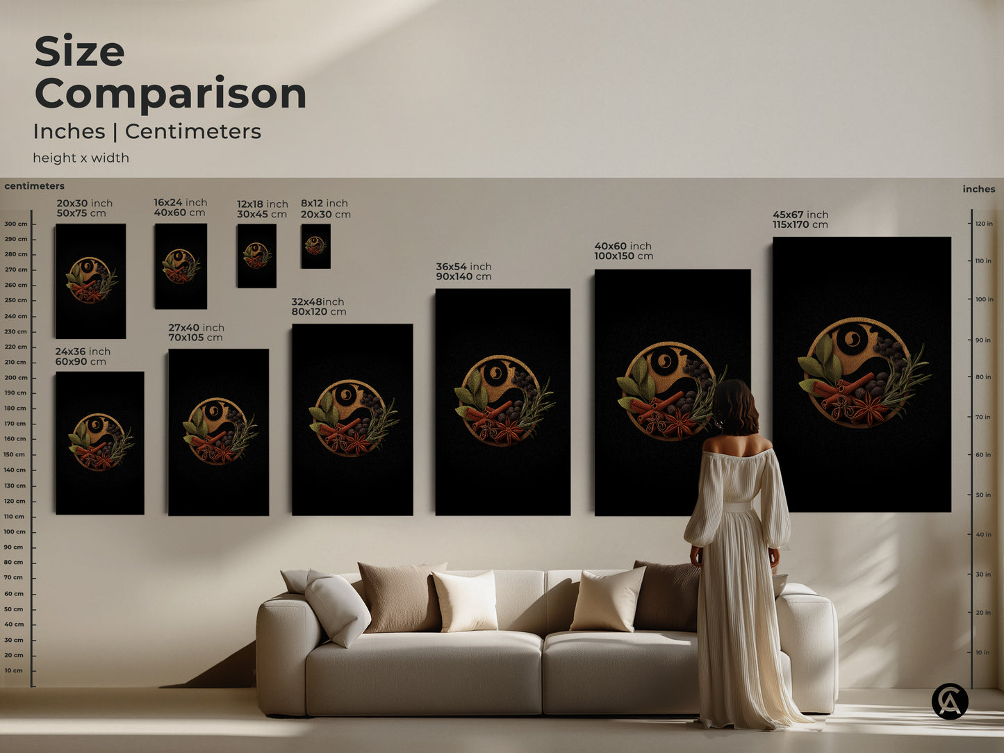 Size comparison showing the spice Yin Yang art in various dimensions adding a personal touch to your space. See how this modern kitchen wall art fits above a sofa offering a unique piece of minimalist artwork. Transform your home decor with this unique culinary herb print.