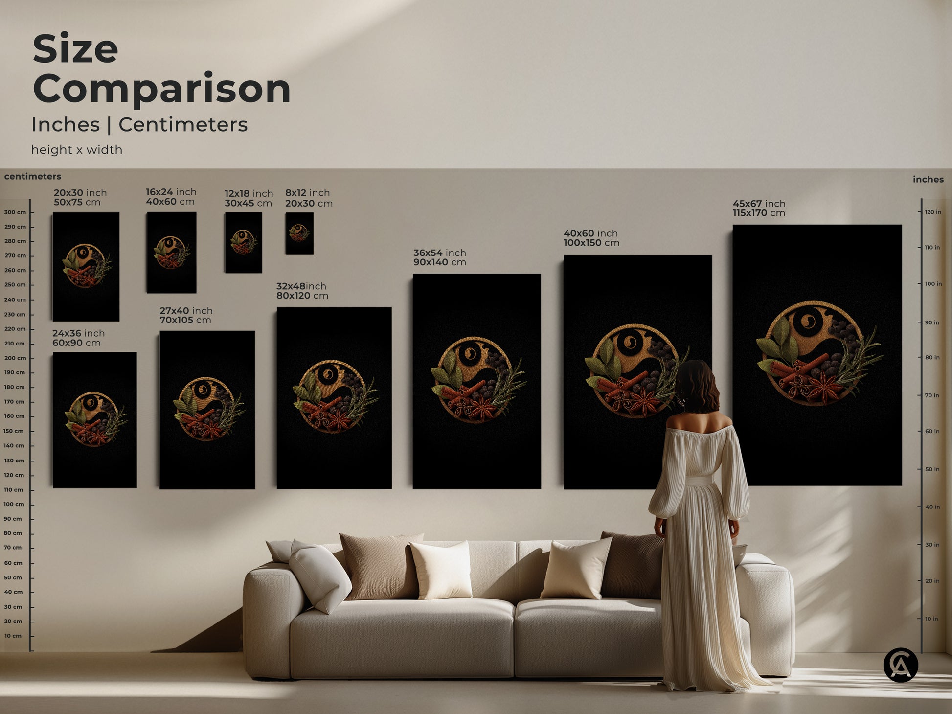 Size comparison showing the spice Yin Yang art in various dimensions adding a personal touch to your space. See how this modern kitchen wall art fits above a sofa offering a unique piece of minimalist artwork. Transform your home decor with this unique culinary herb print.