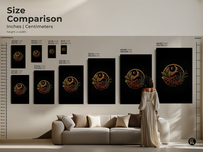 Size comparison showing the spice Yin Yang art in various dimensions adding a personal touch to your space. See how this modern kitchen wall art fits above a sofa offering a unique piece of minimalist artwork. Transform your home decor with this unique culinary herb print.