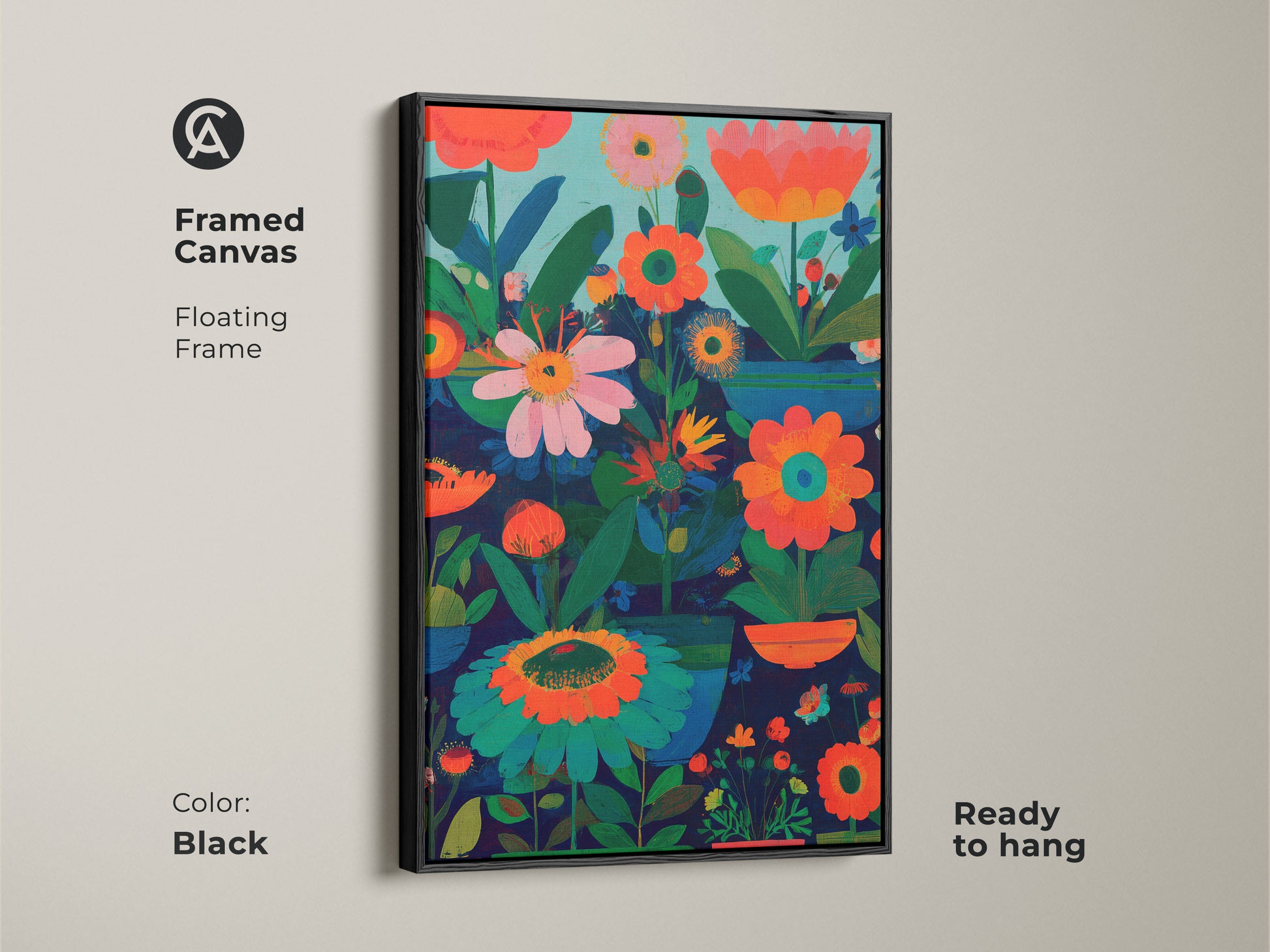 Framed canvas with floating frame showcases modern folk art artwork. The abstract botanical wall art features a dark blue orange and teal palette. Ready to hang this boho floral decor enhances any space. It makes a great gift for plant lovers and complements eclectic living room decor.