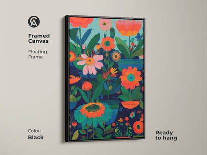 Framed canvas with floating frame showcases modern folk art artwork. The abstract botanical wall art features a dark blue orange and teal palette. Ready to hang this boho floral decor enhances any space. It makes a great gift for plant lovers and complements eclectic living room decor.