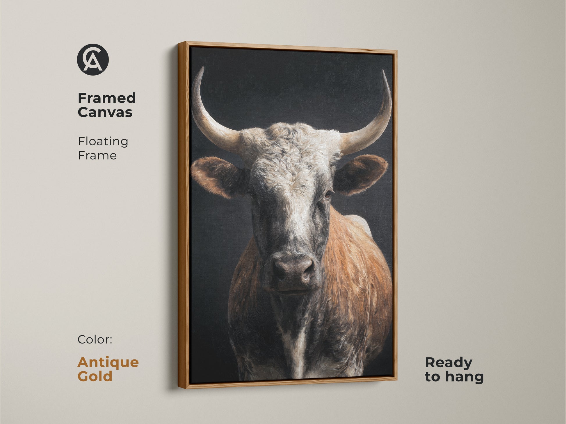 Framed canvas featuring realistic bull artwork with a floating frame in antique gold. The tan white and brown tones enhance its rustic animal print decor. Ready to hang. The farmhouse cow wall art adds charm to any space. Perfect for country style home decor. This wildlife farm animal art is a stunning focal point.
