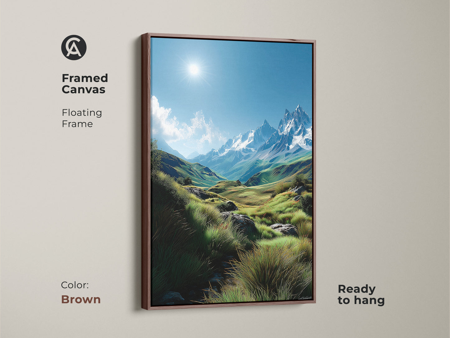 Framed canvas art showcasing a vibrant mountain scene with a brown floating frame. The warm tones of the frame complement the natural landscape. Ready to hang this piece is perfect for easy decor. Enhance your living space with this beautiful artwork.