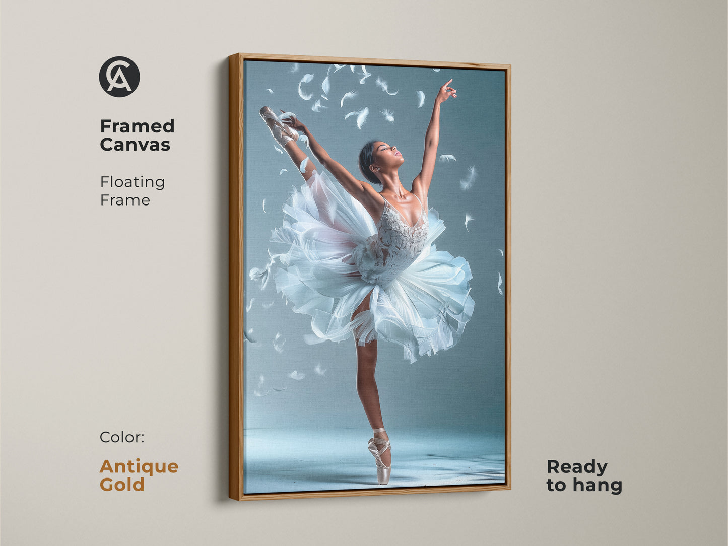 Antique gold framed canvas of a ballerina. This artwork features a ballerina in a white tutu. She is surrounded by feathers. The floating frame has an antique gold finish. Ready to hang this framed ballet art in your home.