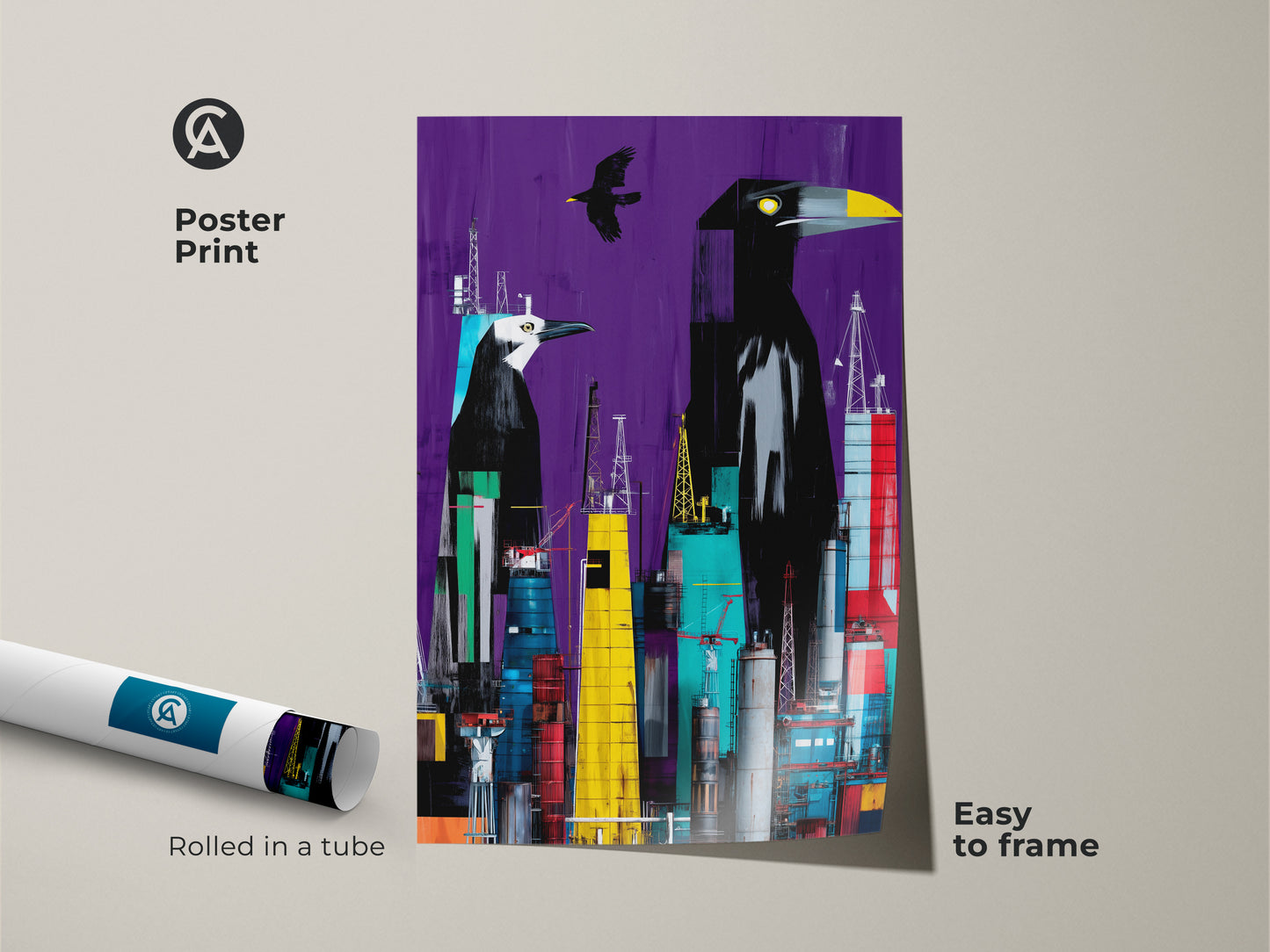 A surreal crow cityscape art print is rolled in a tube. This modern abstract canvas features crows and an urban landscape. It has a vibrant purple background with pops of yellow and teal. Perfect for eclectic homes and offices. Easy to frame. It offers a distinctive artistic touch for animal lovers.