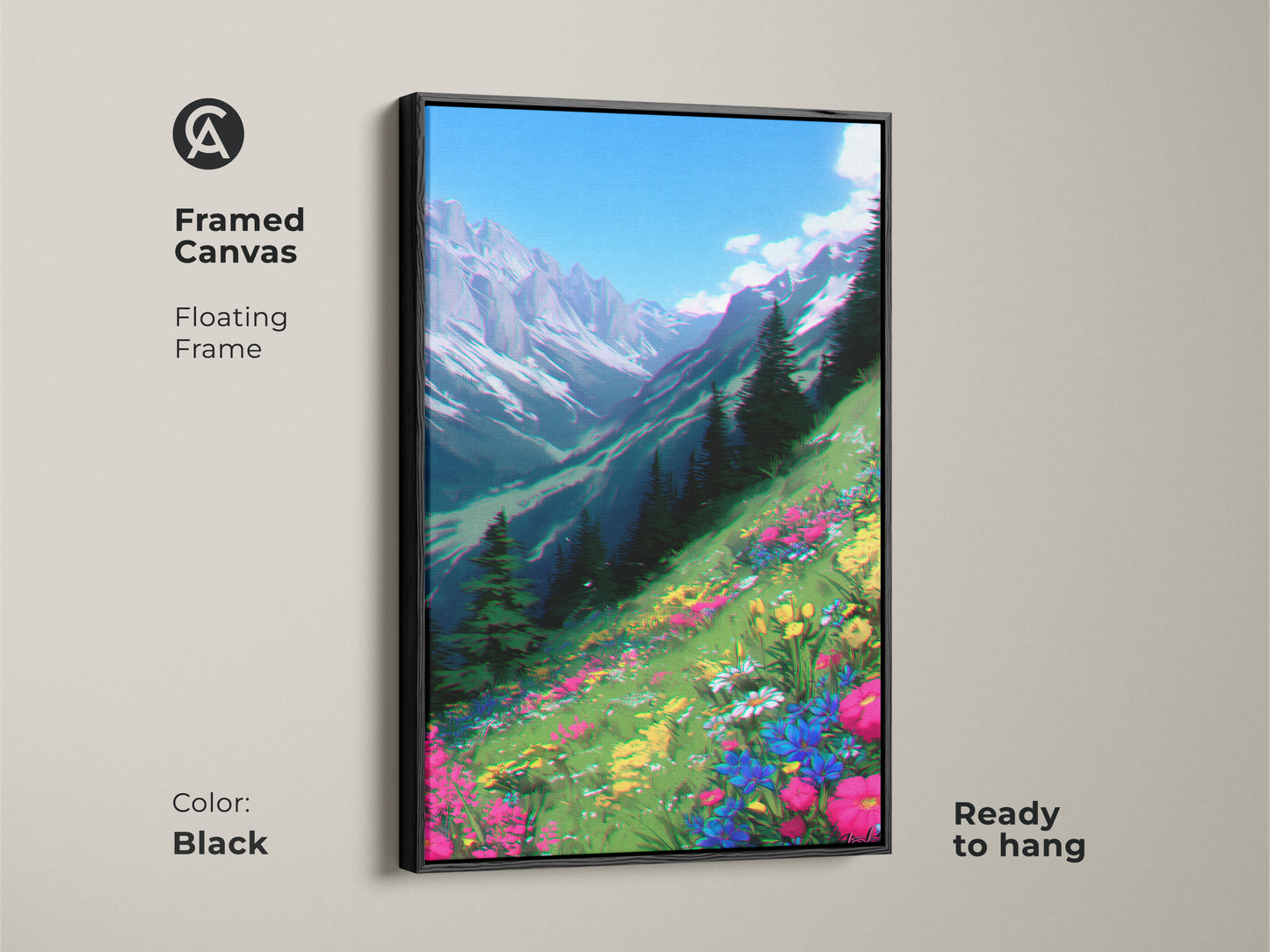 Framed canvas features an anime-style mountain landscape with wildflowers. The black floating frame enhances this nature-inspired wall art. Ready to hang this vibrant floral artwork to your bedroom. A perfect boho touch.