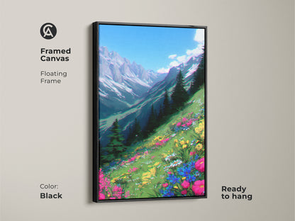 Framed canvas features an anime-style mountain landscape with wildflowers. The black floating frame enhances this nature-inspired wall art. Ready to hang this vibrant floral artwork to your bedroom. A perfect boho touch.