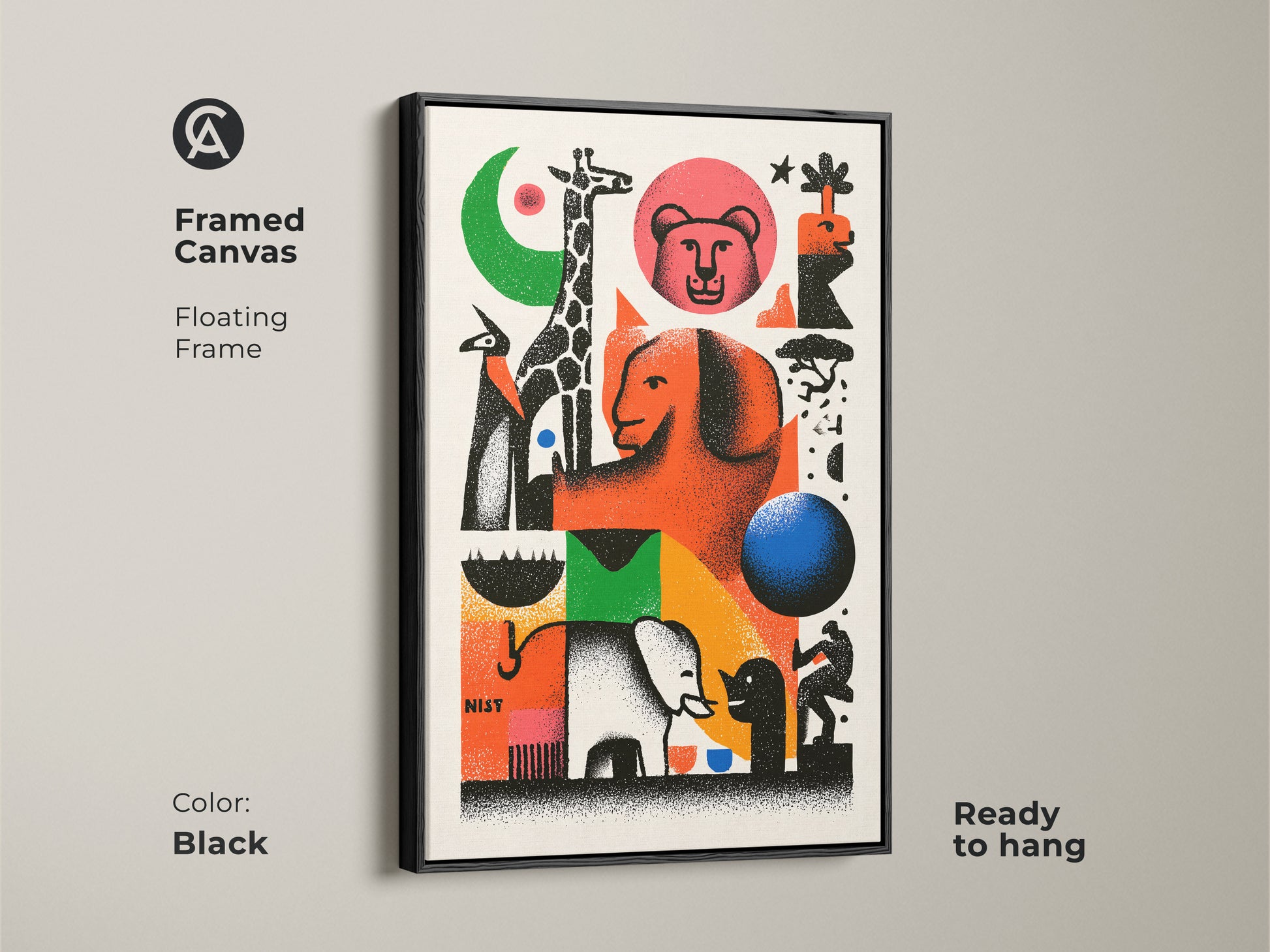 Framed canvas of a vibrant mid-century modern composition. The floating frame is black. This eclectic home decor canvas features abstract and geometric elements. Playful animal figures like giraffes and elephants are present. This retro animal print is ready to hang.