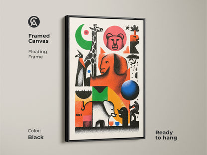 Framed canvas of a vibrant mid-century modern composition. The floating frame is black. This eclectic home decor canvas features abstract and geometric elements. Playful animal figures like giraffes and elephants are present. This retro animal print is ready to hang.
