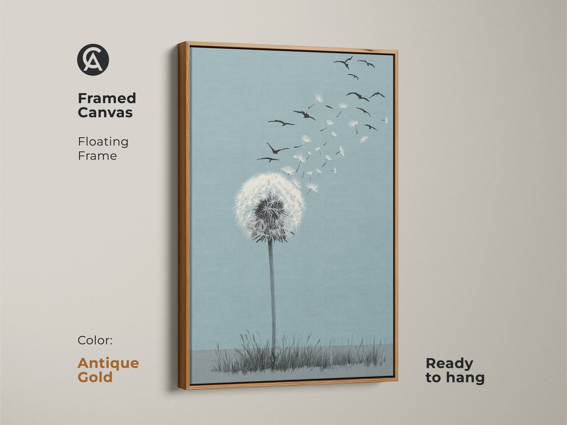 Framed canvas featuring dandelion seed art print. This sky blue botanical canvas with birds is set in an antique gold floating frame. Scandinavian home art that adds a touch of nature-inspired symbolism. Ideal as a housewarming gift or for those who cherish dreams. The minimalist line art brings a sense of aspiration.
