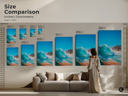 Size comparison for wave art prints in inches and centimeters. See how different sizes fit above a sofa. Choose the ideal scale for your living room. Available in poster and canvas.