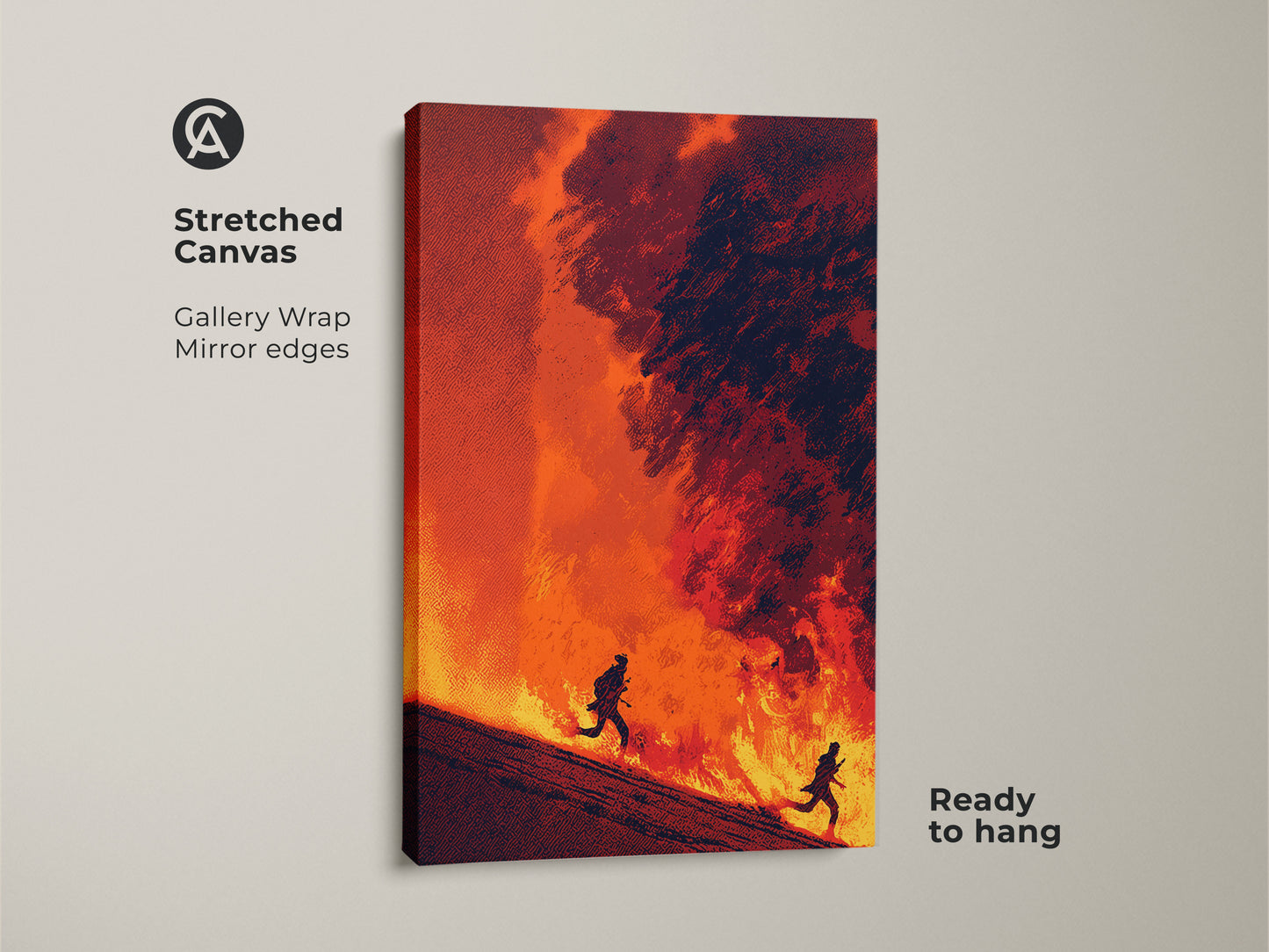 Stretched Canvas showcasing abstract figurative artwork. The gallery wrap features mirror edges. See running figures set against fiery flames in deep red and orange. Ready to hang for easy install.