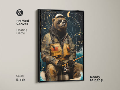 This framed canvas features a retro bear angler print. The cool bear is wearing sunglasses. It is ready to hang in a floating black frame. The eclectic animal artwork is brown gold and navy.