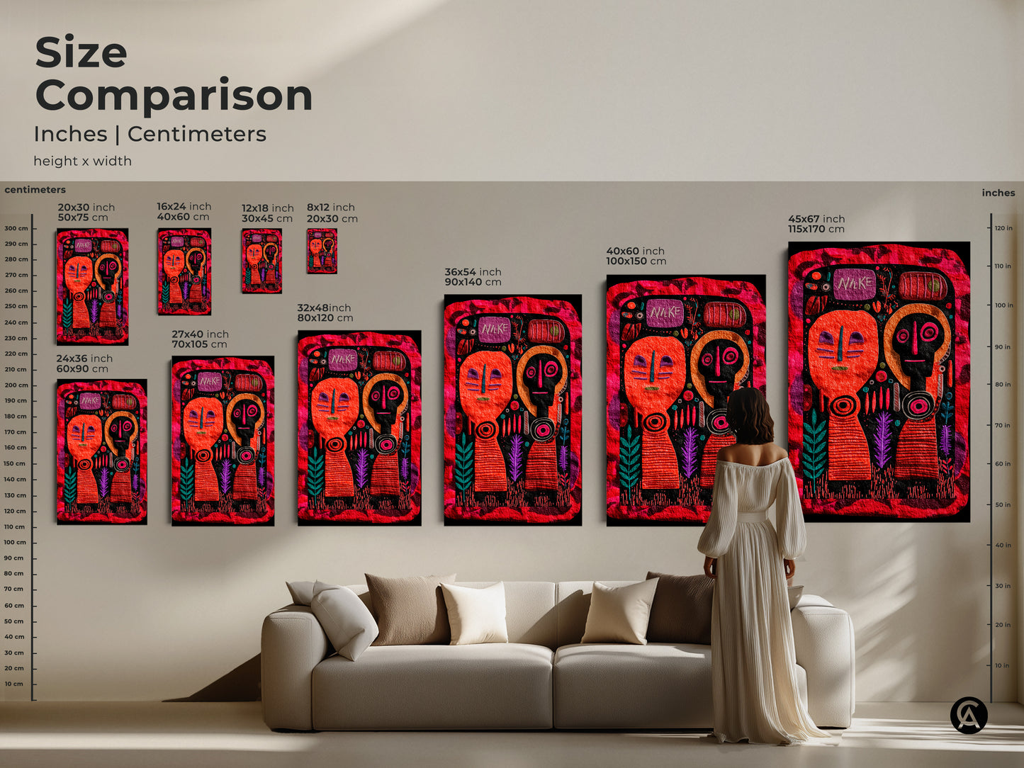 Size Comparison for Folk Art Prints in inches and centimeters. See the various sizes from 8x12 to 45x67 inches. Perfect for any space from small accents to large statement pieces. Discover the ideal fit for your home with our diverse size options. Canvas and poster selections available.