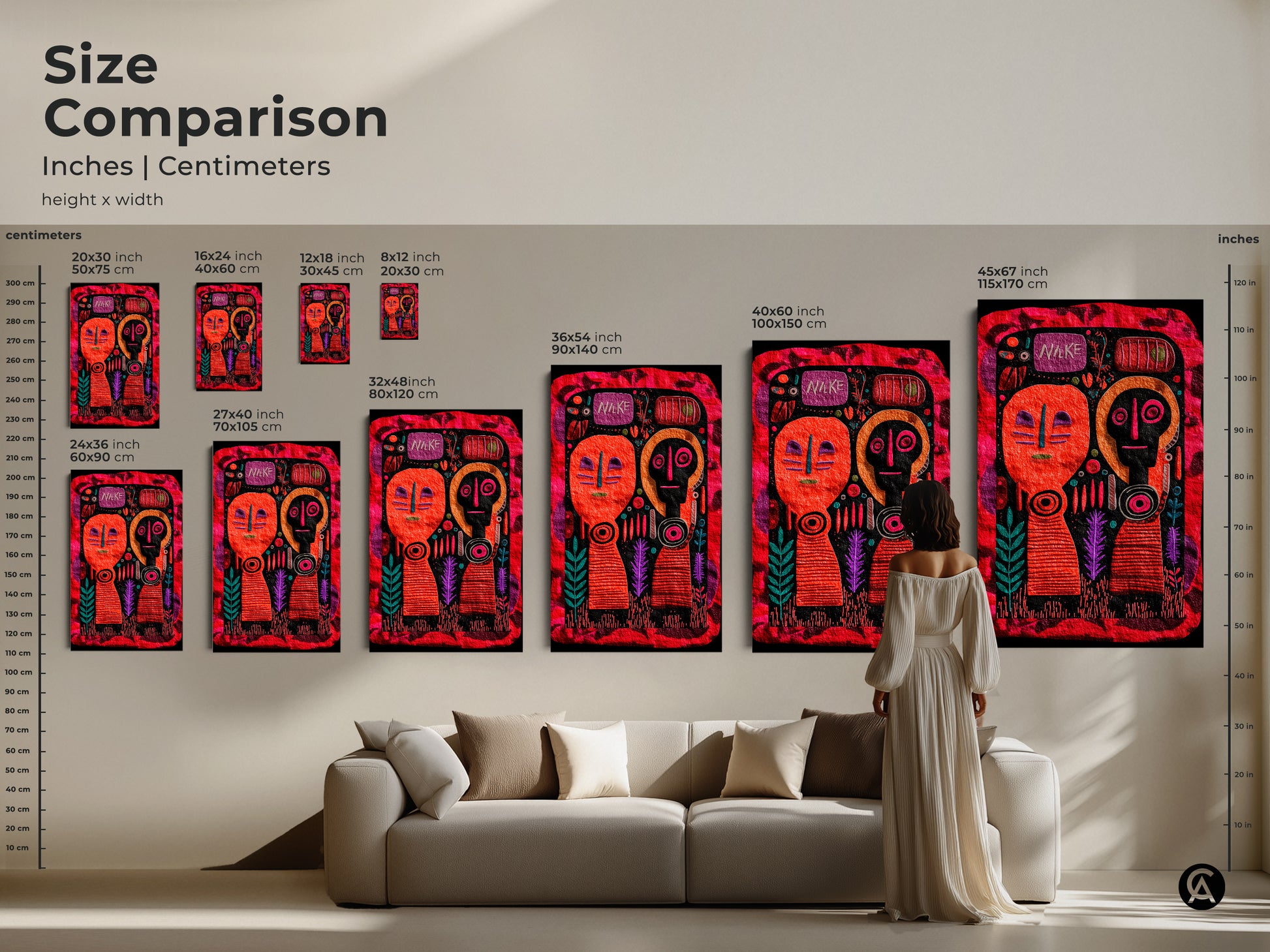 Size Comparison for Folk Art Prints in inches and centimeters. See the various sizes from 8x12 to 45x67 inches. Perfect for any space from small accents to large statement pieces. Discover the ideal fit for your home with our diverse size options. Canvas and poster selections available.
