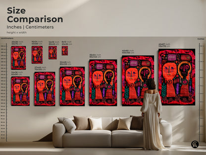 Size Comparison for Folk Art Prints in inches and centimeters. See the various sizes from 8x12 to 45x67 inches. Perfect for any space from small accents to large statement pieces. Discover the ideal fit for your home with our diverse size options. Canvas and poster selections available.