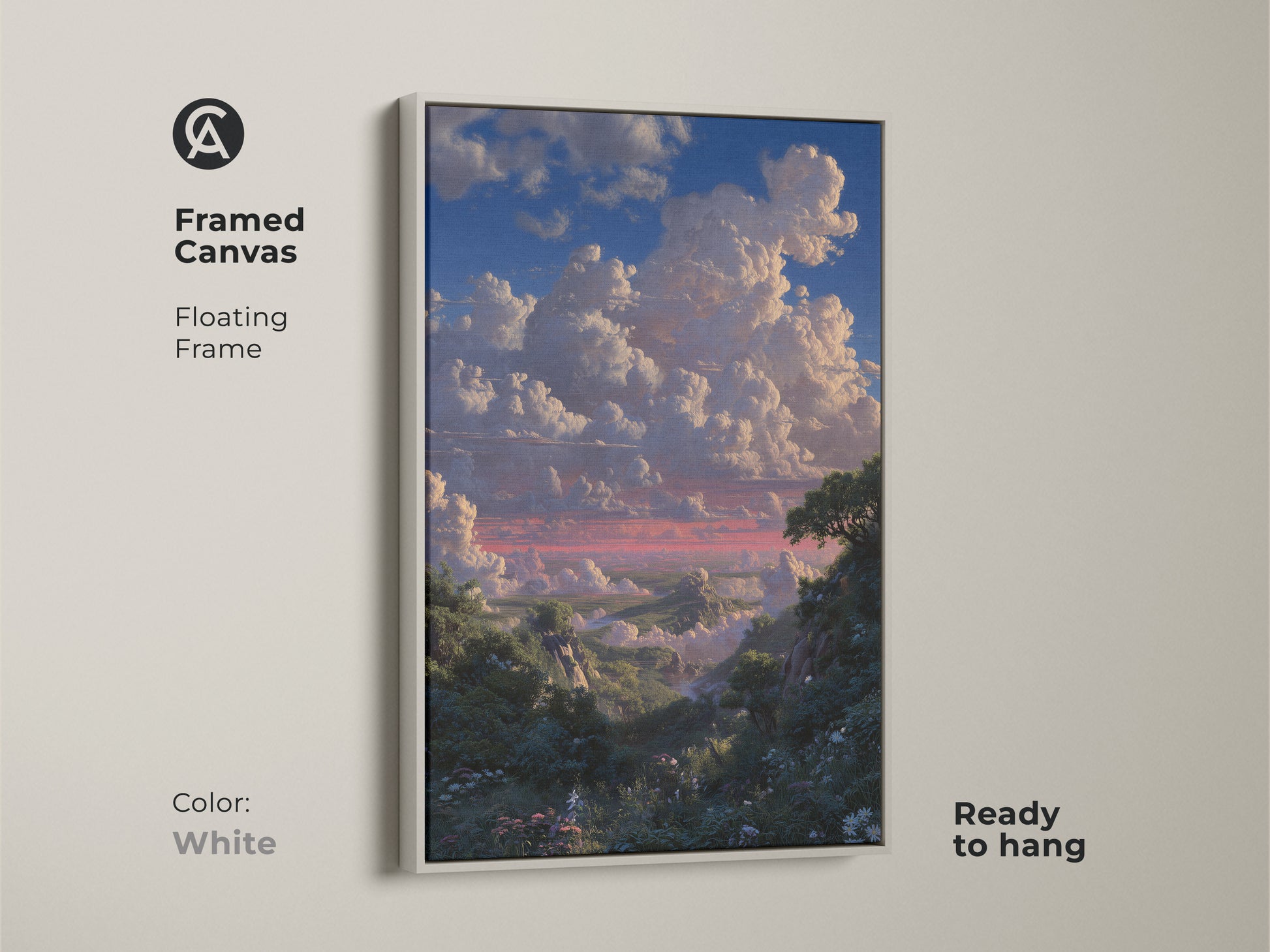 White framed canvas showing romantic sky clouds. This blue green nature wall art is ready to hang. A luminism landscape canvas adds natural landscape decor to any space.