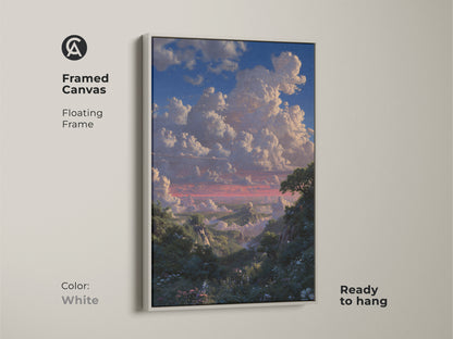 White framed canvas showing romantic sky clouds. This blue green nature wall art is ready to hang. A luminism landscape canvas adds natural landscape decor to any space.