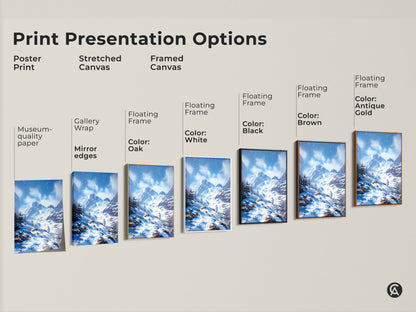 Print presentation options showcasing winter mountain landscape art. Poster print stretched canvas and framed canvas options displayed. Blue and white snowy mountain range artwork for rustic and modern homes.