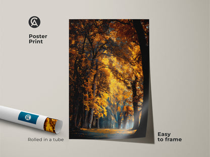 A poster print shows an autumn forest. The image is rolled in a tube. This easy to frame artwork enhances any space. Display a nature landscape with fine art prints.