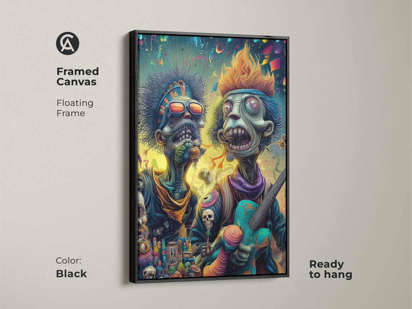 Framed canvas featuring two zombie musicians in black floating frame. The artwork is ready to hang. This unique art piece is perfect for adding a touch of punk rock style to your space.