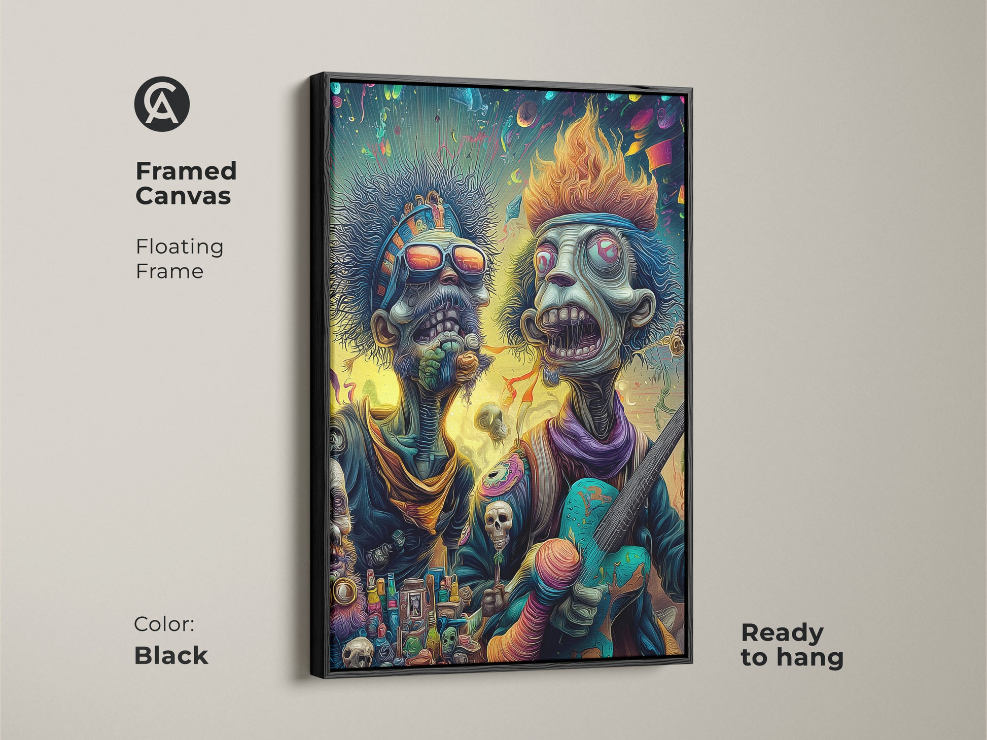Framed canvas featuring two zombie musicians in black floating frame. The artwork is ready to hang. This unique art piece is perfect for adding a touch of punk rock style to your space.