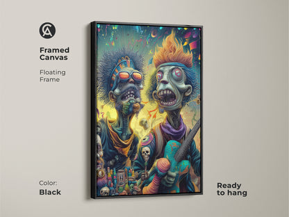 Framed canvas featuring two zombie musicians in black floating frame. The artwork is ready to hang. This unique art piece is perfect for adding a touch of punk rock style to your space.