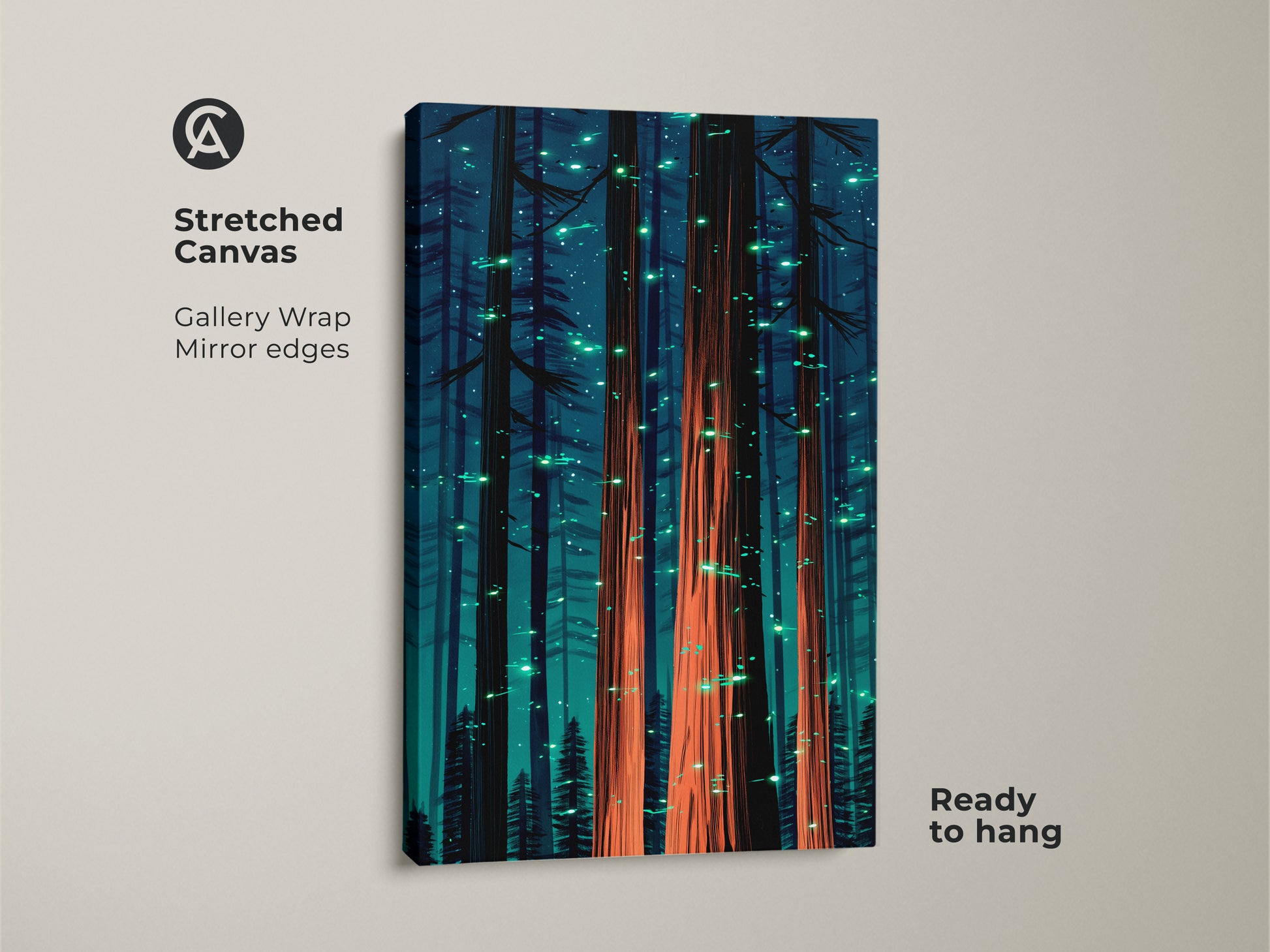 Stretched canvas showcasing fantasy forest artwork. Deep teal trees glow with coral orange lights. A gallery wrap with mirrored edges gives a modern look. It arrives ready to hang for easy nature-inspired decor.