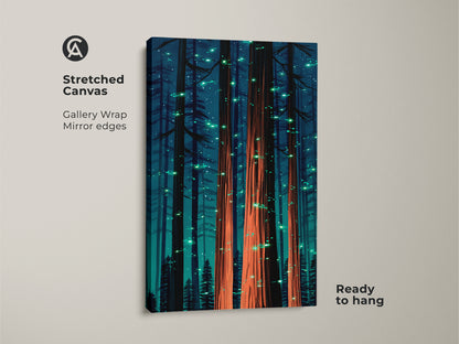 Stretched canvas showcasing fantasy forest artwork. Deep teal trees glow with coral orange lights. A gallery wrap with mirrored edges gives a modern look. It arrives ready to hang for easy nature-inspired decor.