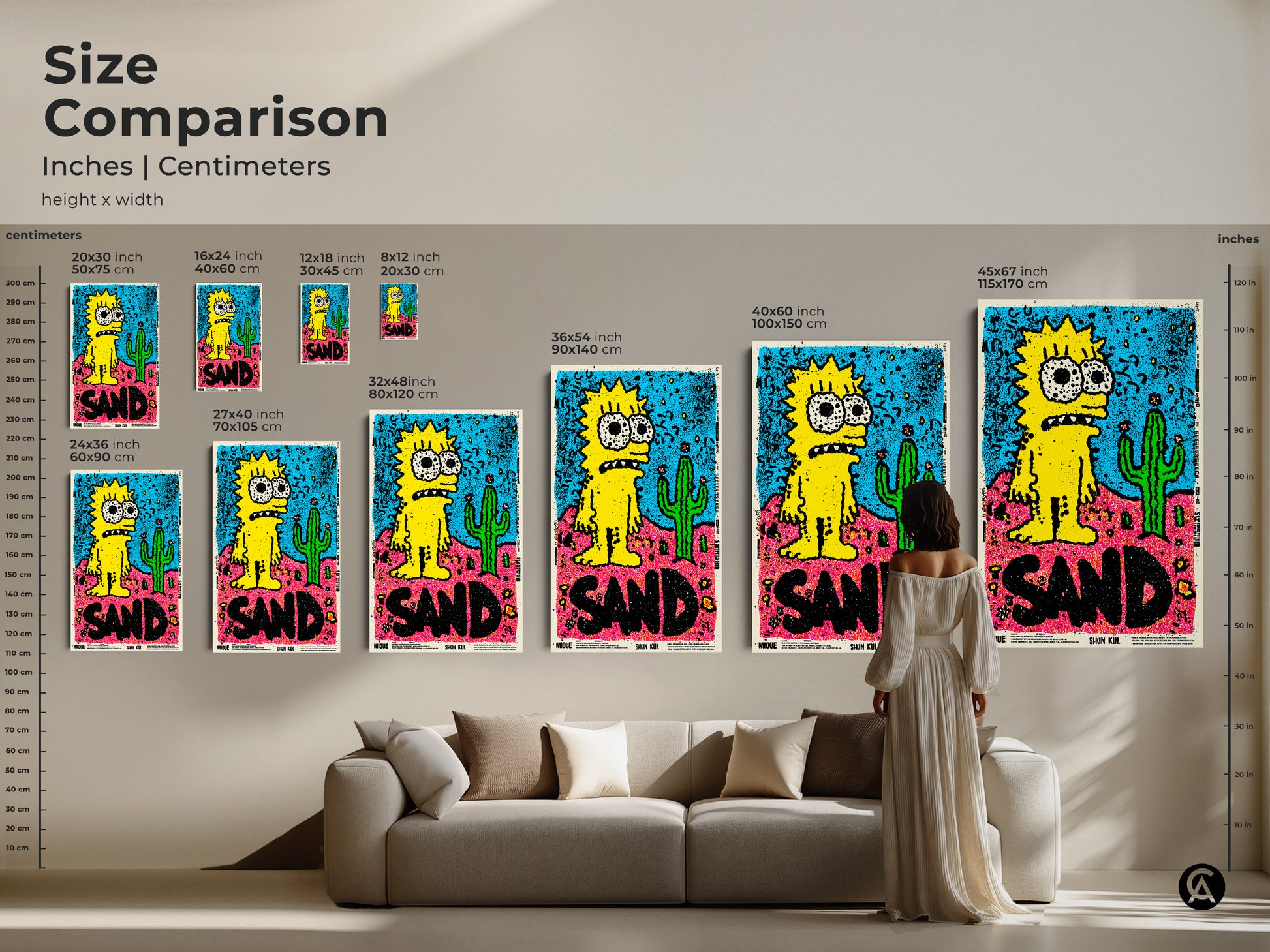 Size Comparison of Simpsons Inspired Art Prints. See how different sizes of canvas and posters compare in a living room setting. Find the perfect size to complement your home decor.