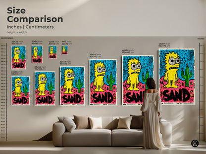 Size Comparison of Simpsons Inspired Art Prints. See how different sizes of canvas and posters compare in a living room setting. Find the perfect size to complement your home decor.