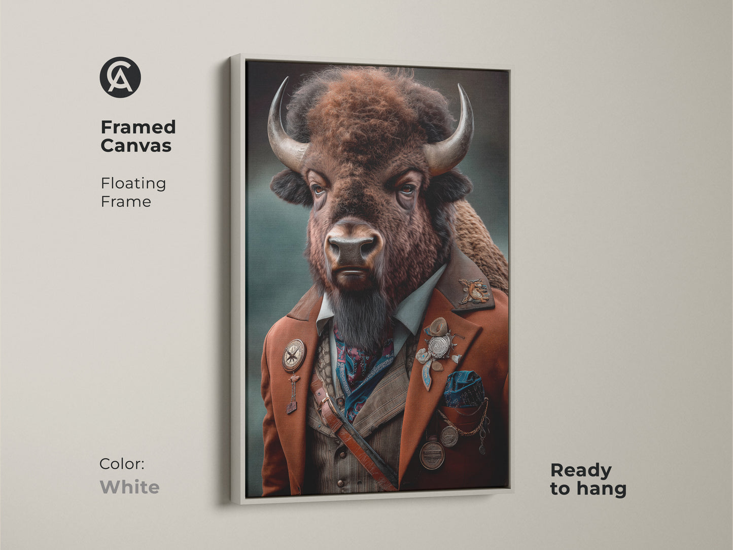 A steampunk bison portrait is framed in a white floating frame. This Victorian bison wall art is an excellent addition to any space. The anthropomorphic animal decor will stand out in any room. This eclectic study and office artwork is a great gift. The russet and brown tones provide a neutral style.