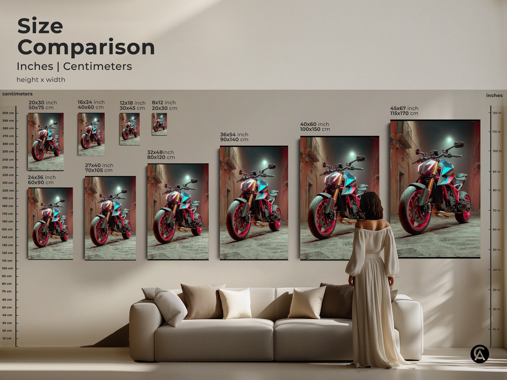 Size comparison of the Cyberpunk Motorcycle artwork in inches and centimeters. The sizes range from small to large over a couch. The vibrant colors and industrial art style makes it a cool piece. Great for any motorcycle lover.