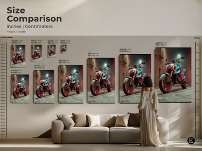 Size comparison of the Cyberpunk Motorcycle artwork in inches and centimeters. The sizes range from small to large over a couch. The vibrant colors and industrial art style makes it a cool piece. Great for any motorcycle lover.
