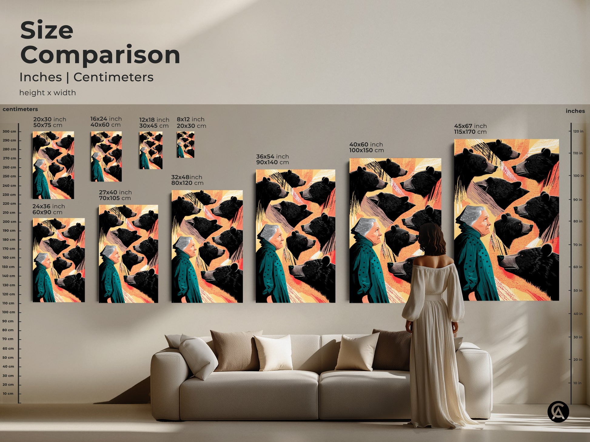 The size comparison shows the inches and centimeters of woman and bear art print. The eclectic animal wall art is behind a modern sofa. Various sizes of canvas and poster options are presented for different rooms.