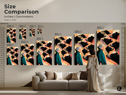 The size comparison shows the inches and centimeters of woman and bear art print. The eclectic animal wall art is behind a modern sofa. Various sizes of canvas and poster options are presented for different rooms.
