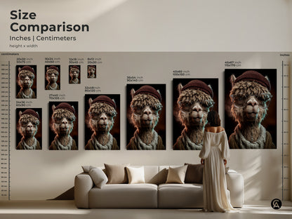 Size comparison of the Alpaca artwork in various dimensions. See how the art fits above a sofa. It comes in multiple sizes and formats. Envision it as a focal point in your living room or office space.