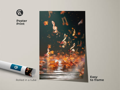 Poster print showcasing abstract music notes and falling maple leaves. The art is rolled in a tube for easy framing. This teal gold orange artwork adds an artistic touch to any space. Perfect for music lovers and those who appreciate autumn's beauty. Enhances study rooms and home music studios.