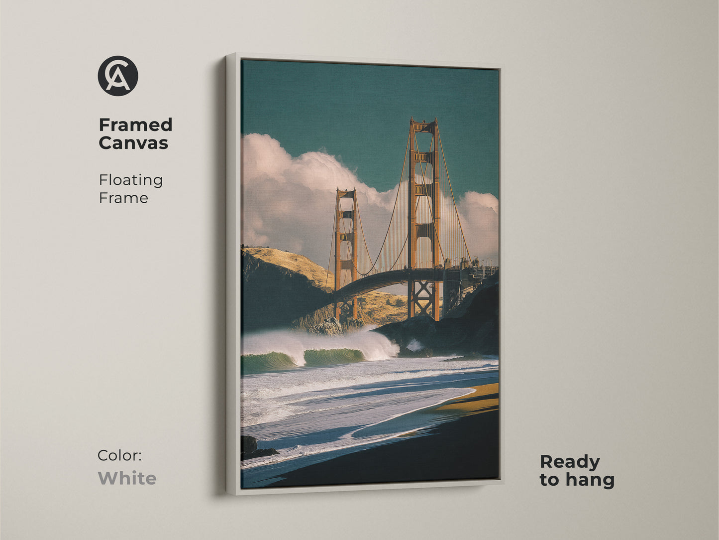 Framed canvas art of the Golden Gate Bridge with a white floating frame. Coastal home decor featuring ocean waves. This San Francisco artwork is ready to hang. An iconic landmark canvas.